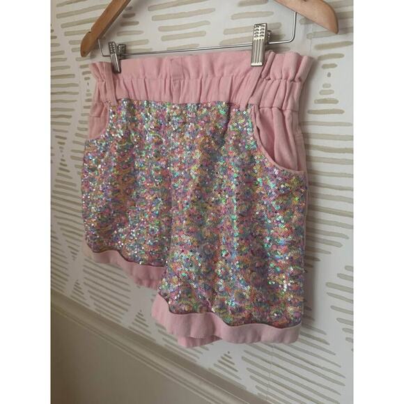Fantastic Fawn Women’s Large Pink Sequin Color Block Paper Bag Denim Shorts - Picture 5 of 8